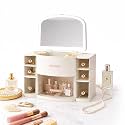 JIALTO Bathroom Organizer with Mirror – Multi-Compartment Cosmetic &amp; Toiletry Storage Box with Drawers, Countertop Vanity Organizer for Skincare, Toothpaste, Creams &amp; Accessories (Off - White)