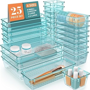 jialto 25-piece acrylic drawer organizer trays set  clear plastic storage bins for makeup bathroom kitchen dressing table amp office drawer storage multipurpose drawer dividers sea blue