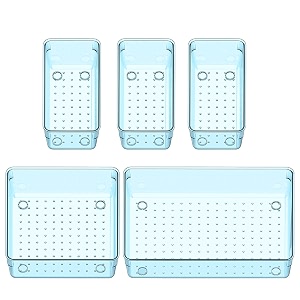 jialto 5-piece acrylic drawer organizer tray set  clear plastic storage bins for makeup cosmetics jewelry kitchen office bathroom amp dressing table drawer organizer seal blue
