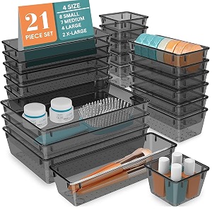 jialto 21-piece acrylic drawer organizer tray set  multipurpose clear plastic storage bins for makeup cosmetics jewelry kitchen office bathroom amp dressing table drawer organizer black