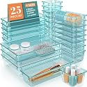 JIALTO 25-Piece Acrylic Drawer Organizer Trays Set – Clear Plastic Storage Bins for Makeup, Bathroom, Kitchen, Dressing Table &amp; Office Drawer Storage, Multipurpose Drawer Dividers (Sea Blue)