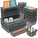 JIALTO 21-Piece Acrylic Drawer Organizer Tray Set – Multipurpose Clear Plastic Storage Bins for Makeup, Cosmetics, Jewelry, Kitchen, Office, Bathroom &amp; Dressing Table Drawer Organizer (Black)