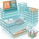JIALTO 21-Piece Acrylic Drawer Organizer Trays Set – Clear Plastic Storage Bins for Makeup, Dressing Table, Kitchen, Bathroom, Office Drawer Storage &amp; Tray Dividers (Sea Blue)