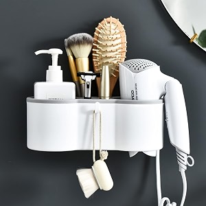jialto wall mounted hair dryer holder storage box  no drilling adhesive styling tool organizer  multi-functional space saving shampoo storage rack bathing accessories bathroom supply