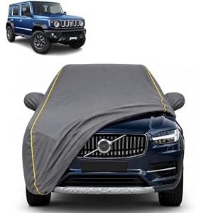 jimny 100 waterproof car cover  dustproof sun protection cover  soft cotton lining  triple stitched  mirror pocket  antenna pocket  all weather body cover grey with yellow piping