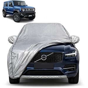 jimny 100 waterproof car cover  dustproof sun protection cover  soft cotton lining  triple stitched  mirror pocket  antenna pocket  all weather body cover silver with yellow piping