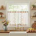 jinchan Beige Floral Linen Kitchen Tier Curtains