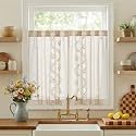 jinchan Beige Floral Linen Kitchen Tier Curtains