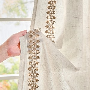 jinchan Beige Linen Curtains with Woven Trim