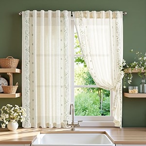 jinchan Green Floral Linen Kitchen Tier Curtains
