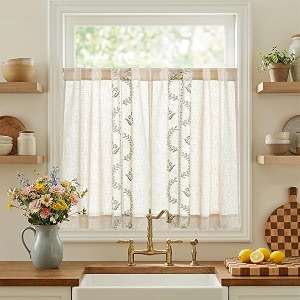 jinchan Green Floral Linen Kitchen Tier Curtains