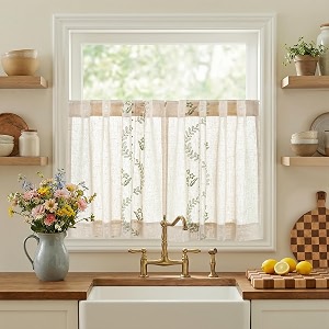 jinchan Green Floral Linen Kitchen Tier Curtains