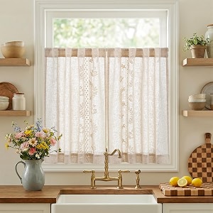 jinchan Ivory Floral Linen Kitchen Tier Curtains