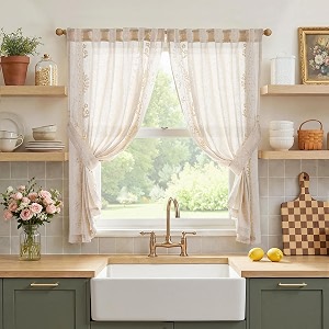 jinchan Ivory Floral Linen Kitchen Tier Curtains