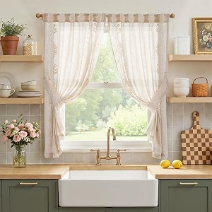 jinchan Ivory Floral Linen Kitchen Tier Curtains