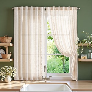 jinchan Ivory Floral Linen Kitchen Tier Curtains