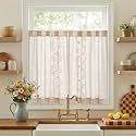 jinchan Ivory Floral Linen Kitchen Tier Curtains