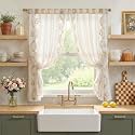 jinchan Beige Floral Linen Kitchen Tier Curtains