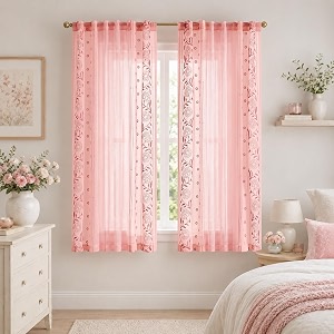 jinchan Pink Sheer Curtains 63 Inch Embroidered