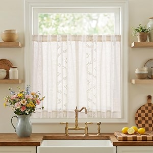 jinchan White Floral Linen Kitchen Tier Curtains