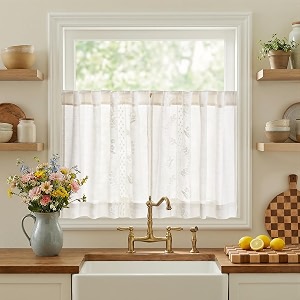 jinchan White Floral Linen Kitchen Tier Curtains