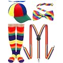 Jiuguva 4 Pcs Propeller Hat Rainbow Clown Hat Y Back Style Suspenders Bow Tie Striped Socks Set for Adult