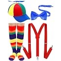 Jiuguva 4 Pcs Propeller Hat Rainbow Clown Hat Y Back Style Suspenders Bow Tie Striped Socks Set for Adult