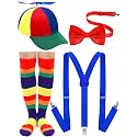 Jiuguva 4 Pcs Propeller Hat Rainbow Clown Hat Y Back Style Suspenders Bow Tie Striped Socks Set for Adult