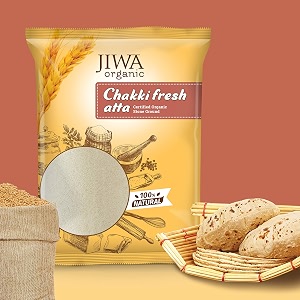 jiwa healthy by nature organic chakki fresh flouratta make fluffy rotis bake healthy  certified organic flour  100 natural premium whole wheat flour and chakki ground  1 kg