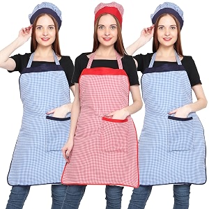 jmi polyester mini check fabric apron with chef cap for women waterproof for home kitchen restaurant pack of 2