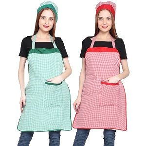 jmi polyester mini check fabric apron with chef cap for women waterproof for home kitchen restaurant pack of 2