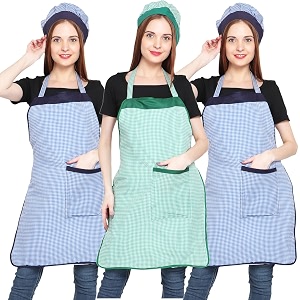 jmi polyester mini check fabric apron with chef cap for women waterproof for home kitchen restaurant pack of 2