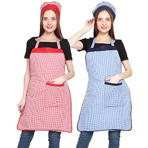 jmi polyester mini check fabric apron with chef cap for women waterproof for home kitchen restaurant pack of 2