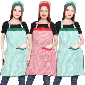 jmi polyester mini check fabric apron with chef cap for women waterproof for home kitchen restaurant pack of 2