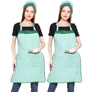 jmi polyester mini check fabric apron with chef cap for women waterproof for home kitchen restaurant pack of 2