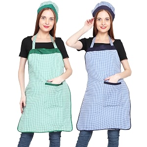 jmi polyester mini check fabric apron with chef cap for women waterproof for home kitchen restaurant pack of 2