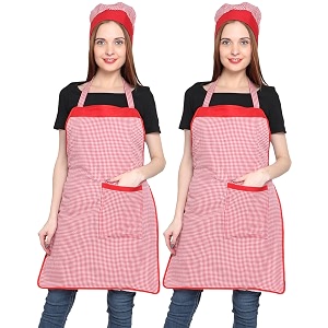 jmi polyester mini check fabric apron with chef cap for women waterproof for home kitchen restaurant pack of 2