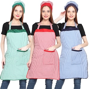 jmi polyester mini check fabric apron with chef cap for women waterproof for home kitchen restaurant pack of 2