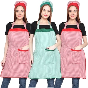 jmi polyester mini check fabric apron with chef cap for women waterproof for home kitchen restaurant pack of 2