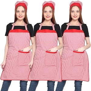 jmi polyester mini check fabric apron with chef cap for women waterproof for home kitchen restaurant pack of 2