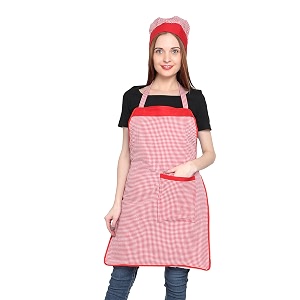jmi polyester mini check fabric apron with chef cap for women waterproof for home kitchen restaurant pack of 2
