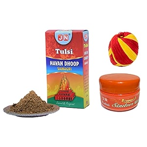 jn combo kalawa moli dhaga orange sindoor and hawan samagri for puja mandir tilak aarti worship  6 threads 100gm sindoor 200gm samagri  pure haldi non-allergic eco-friendly  made in india