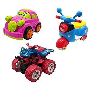 jo baby unbreakable four-wheel drive friction powered diecast car scooter amp monster scooter toy set pack of 3