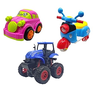 jo baby unbreakable four-wheel drive friction powered diecast car scooter amp monster tractor toy set pack of 3