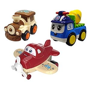 jo baby unbreakable four-wheel drive friction powered diecast train cement mixer amp cartoon plane toy set pack of 3