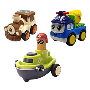 jo baby unbreakable four-wheel drive friction powered diecast train cement mixer amp push and go boat toy set pack of 3