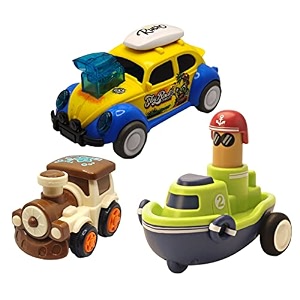 jo baby unbreakable four-wheel drive friction powered diecast train dancing car yellow amp push and go boat toy set pack of 3
