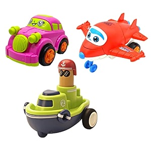 jo baby unbreakable four-wheel drive friction powered diecast car robot plane amp push and go boat toy set pack of 3