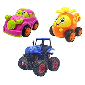 jo baby unbreakable four-wheel drive friction powered diecast car helicopter amp monster tractor toy set pack of 3