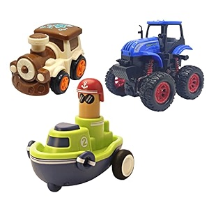jo baby unbreakable four-wheel drive friction powered diecast train monster tractor amp push and go boat toy set pack of 3